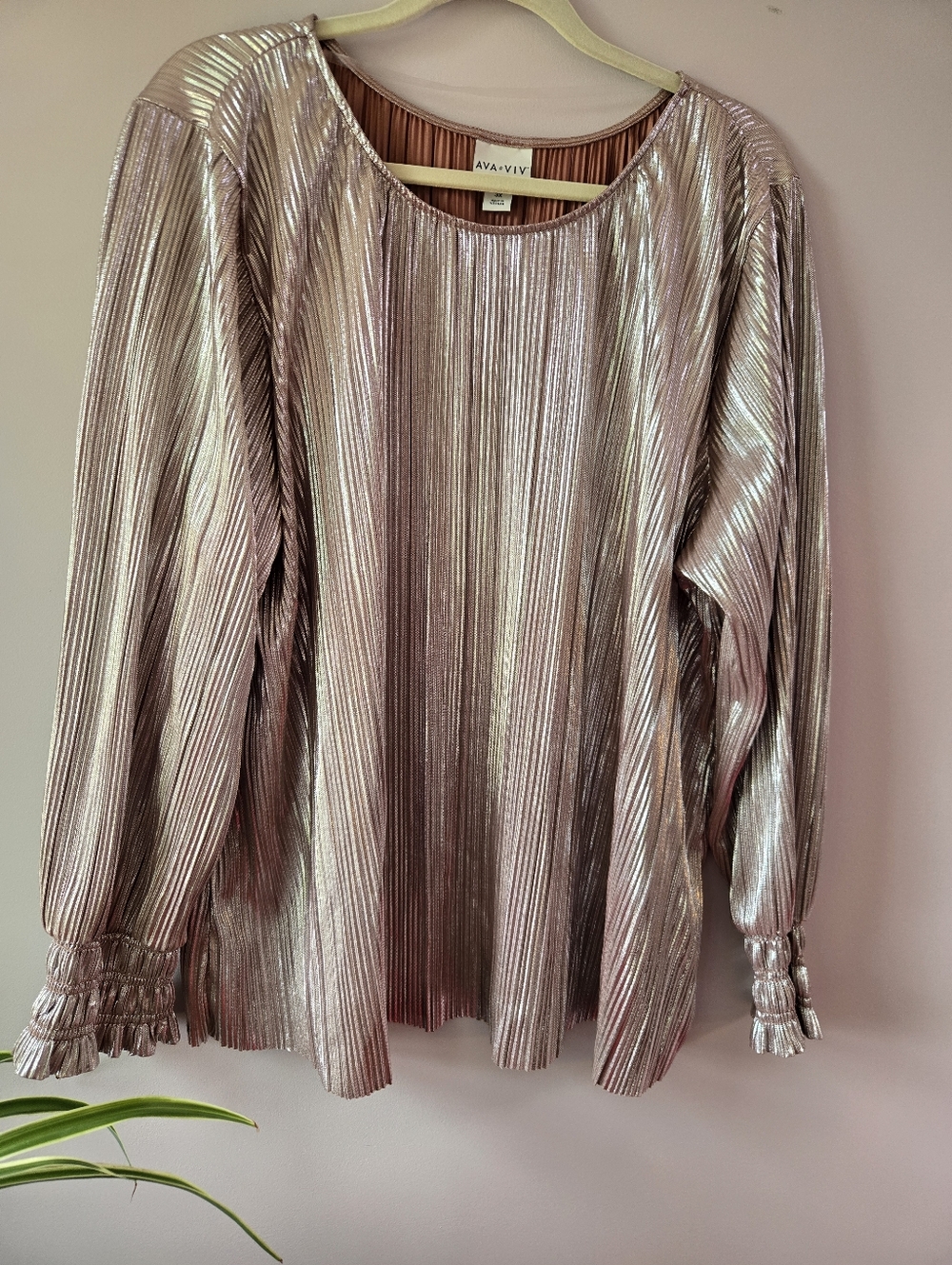 Ava & Viv Metallic Rose Gold Pleated Long Sleeve Top - 3X